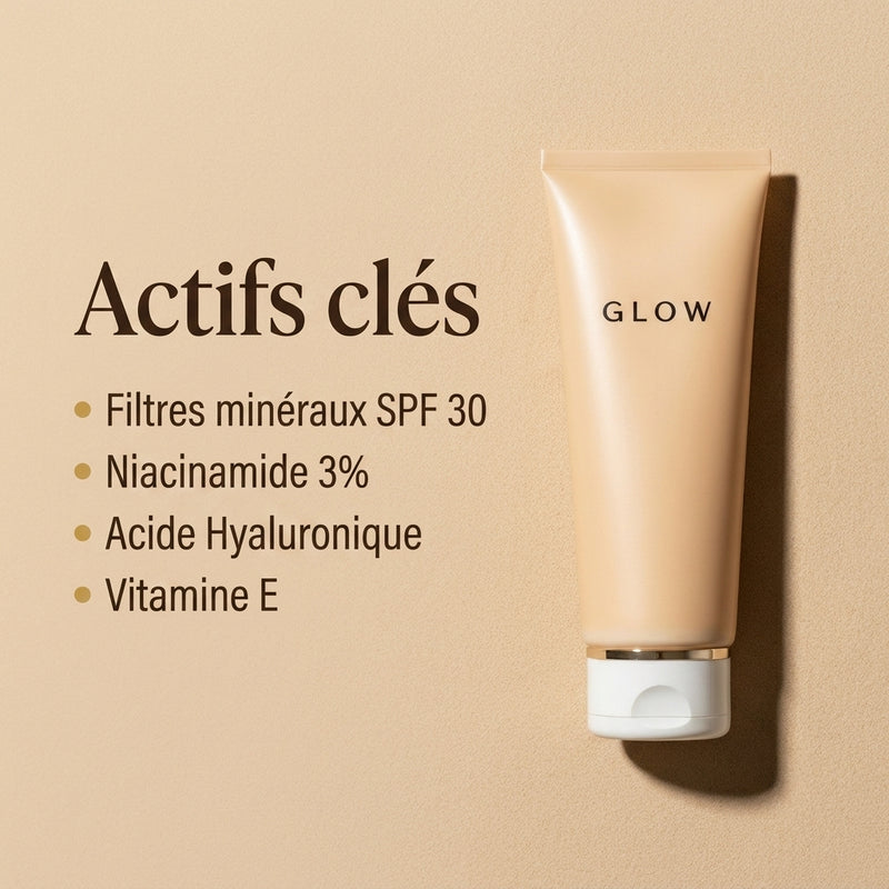 Actifs clés - filtres minéraux SPF 30, niacinamide 3%, acide hyaluronique, vitamine E