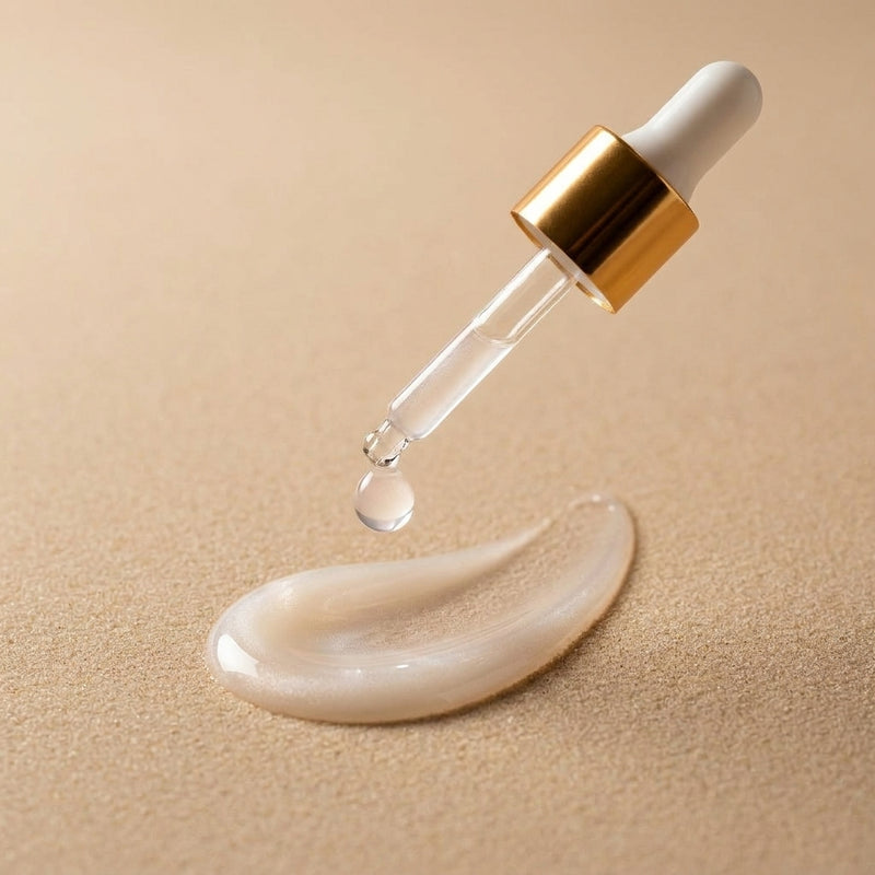 Texture du sérum : goutte et swatch nacré