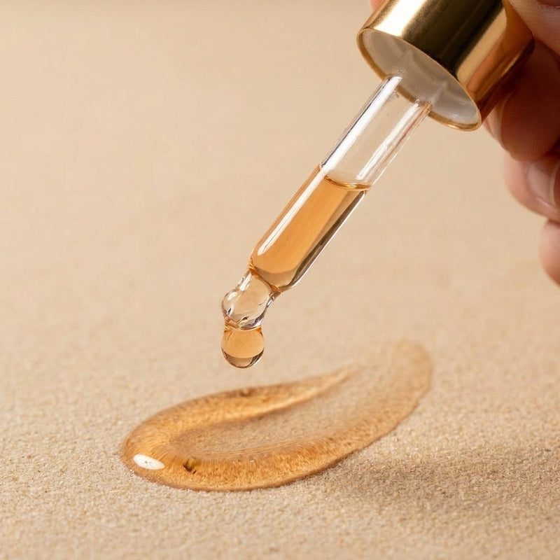 Texture du sérum : goutte et swatch orange doré