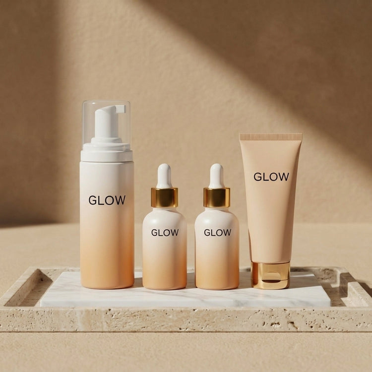 La Routine Éclat Complète GLOW - packshot éditorial sur travertin